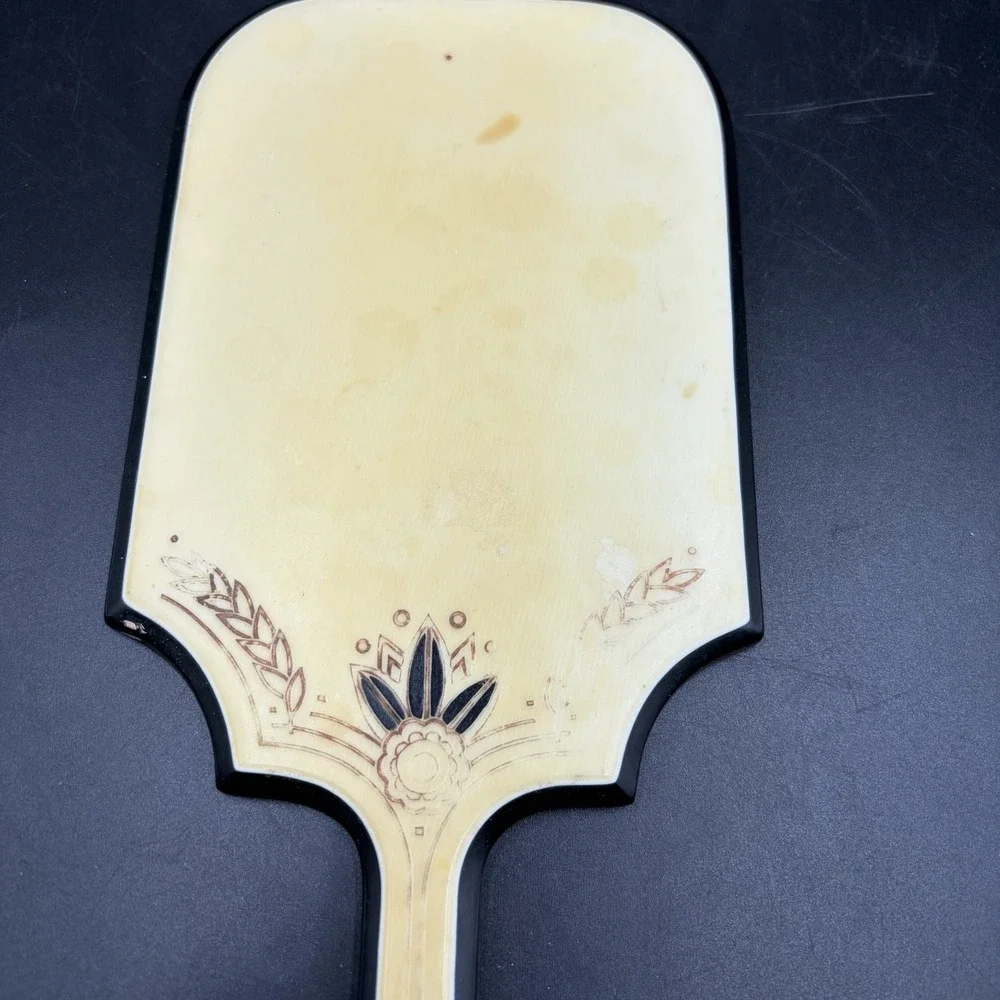 Vintage Art Deco Celluloid Or French Ivory Hand-Held Vanity Mirror Long Handle